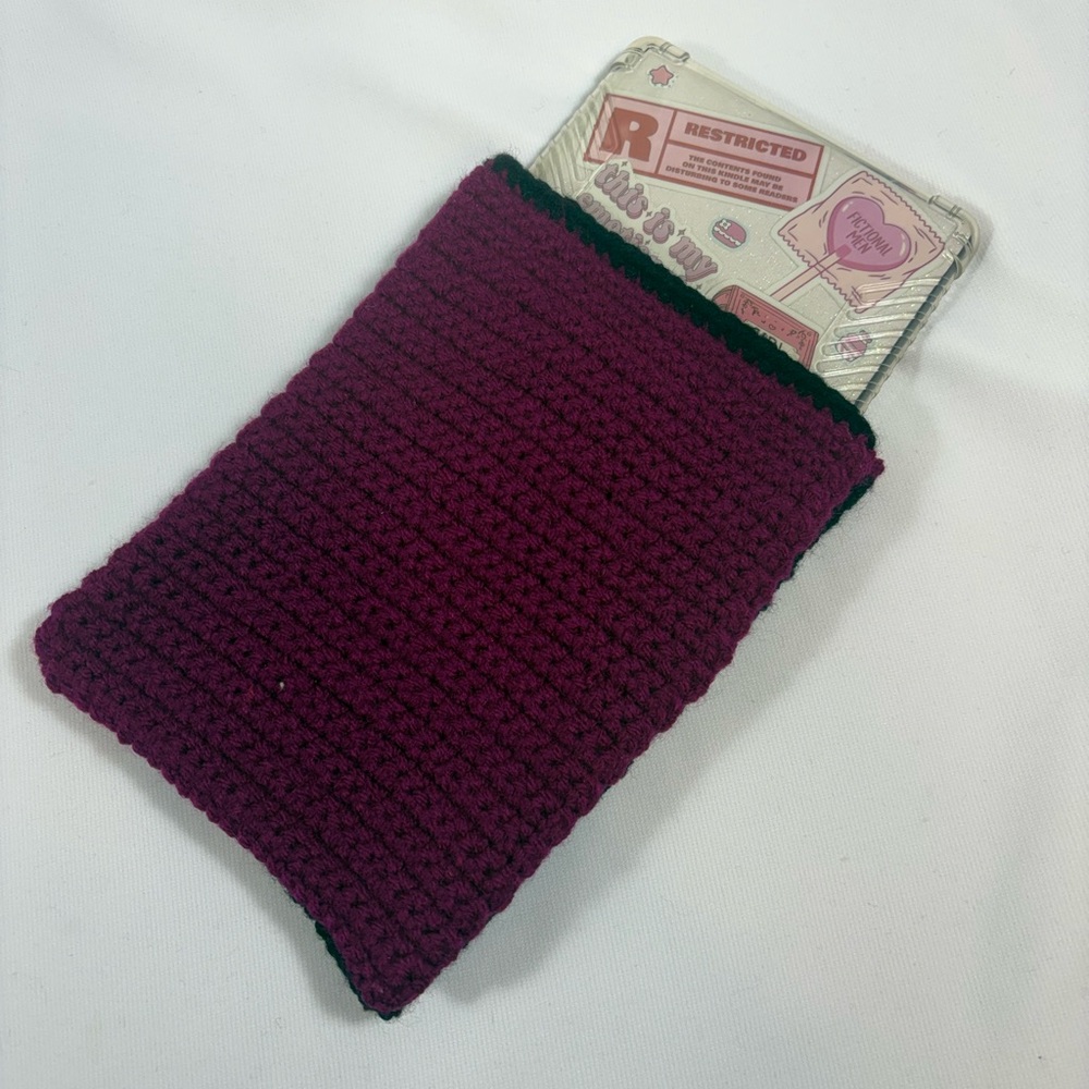 Handmade Crocheted Kindle Sleeve in Deep Berry with Dark Trim